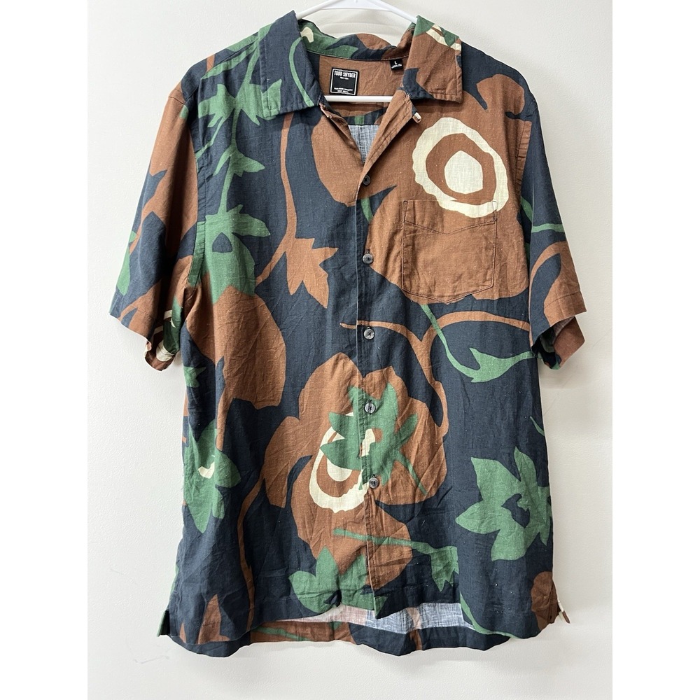 Todd Snyder Abstract Linen/Cotton Camp Collar Shirt Green Brown Men's Large